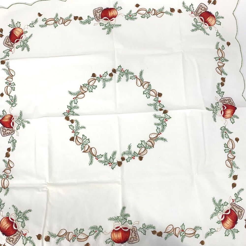 Vintage Embroidered Hand Made Table Square Fall Winter Theme Scalloped Edge